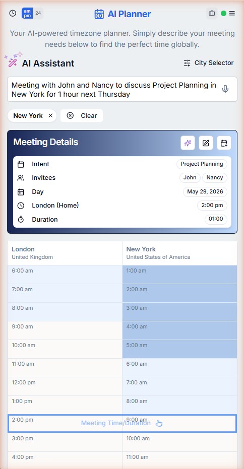 AI Assistant text input showing a meeting request for New York