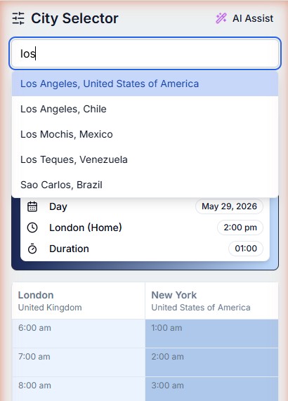 City Selector panel showing search bar and current cities