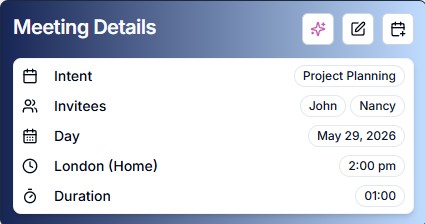 Meeting Details card showing intent, invitees, date, time and duration
